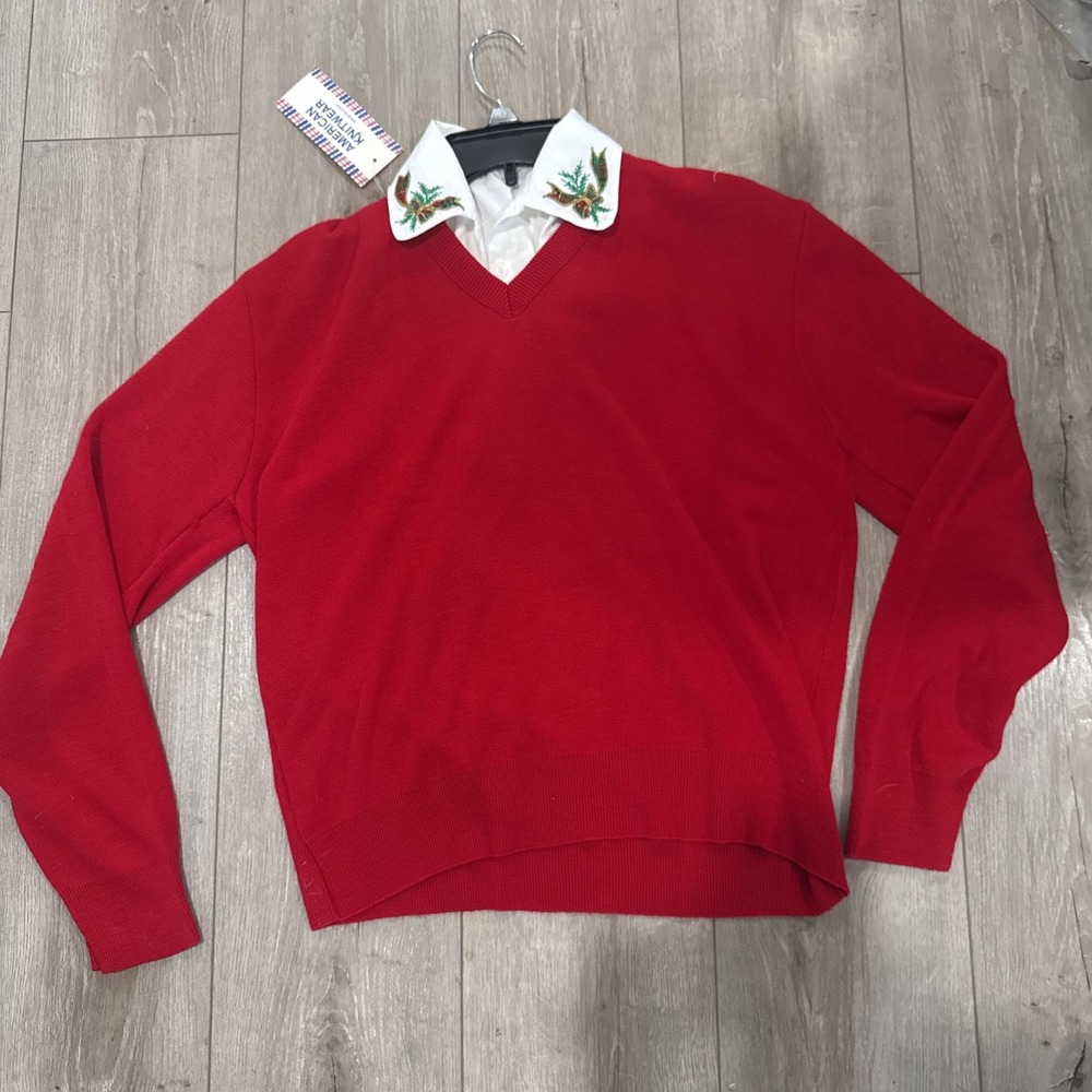 NWT Vintage Grandma Christmas V-neck Sweater Collared Appliqué XL